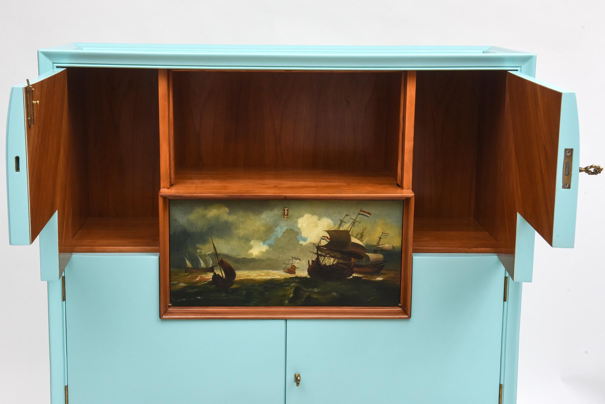 1950s Italian Bar Cabinet with Dutch Maritime Oil Painting In Good Condition For Sale In North Miami, FL