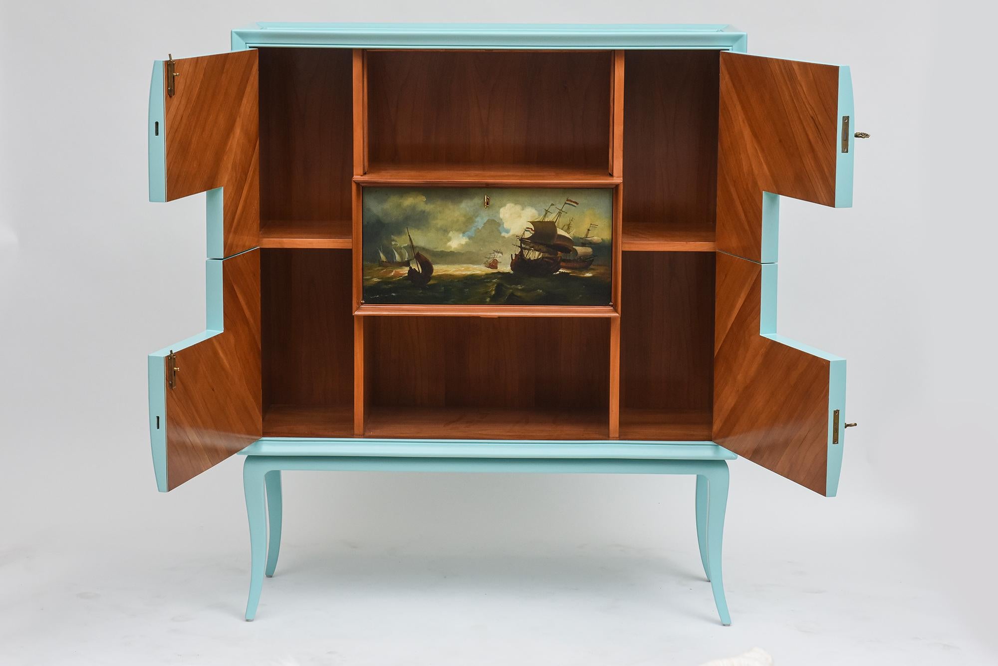 Mid-20th Century 1950s Italian Bar Cabinet with Dutch Maritime Oil Painting For Sale