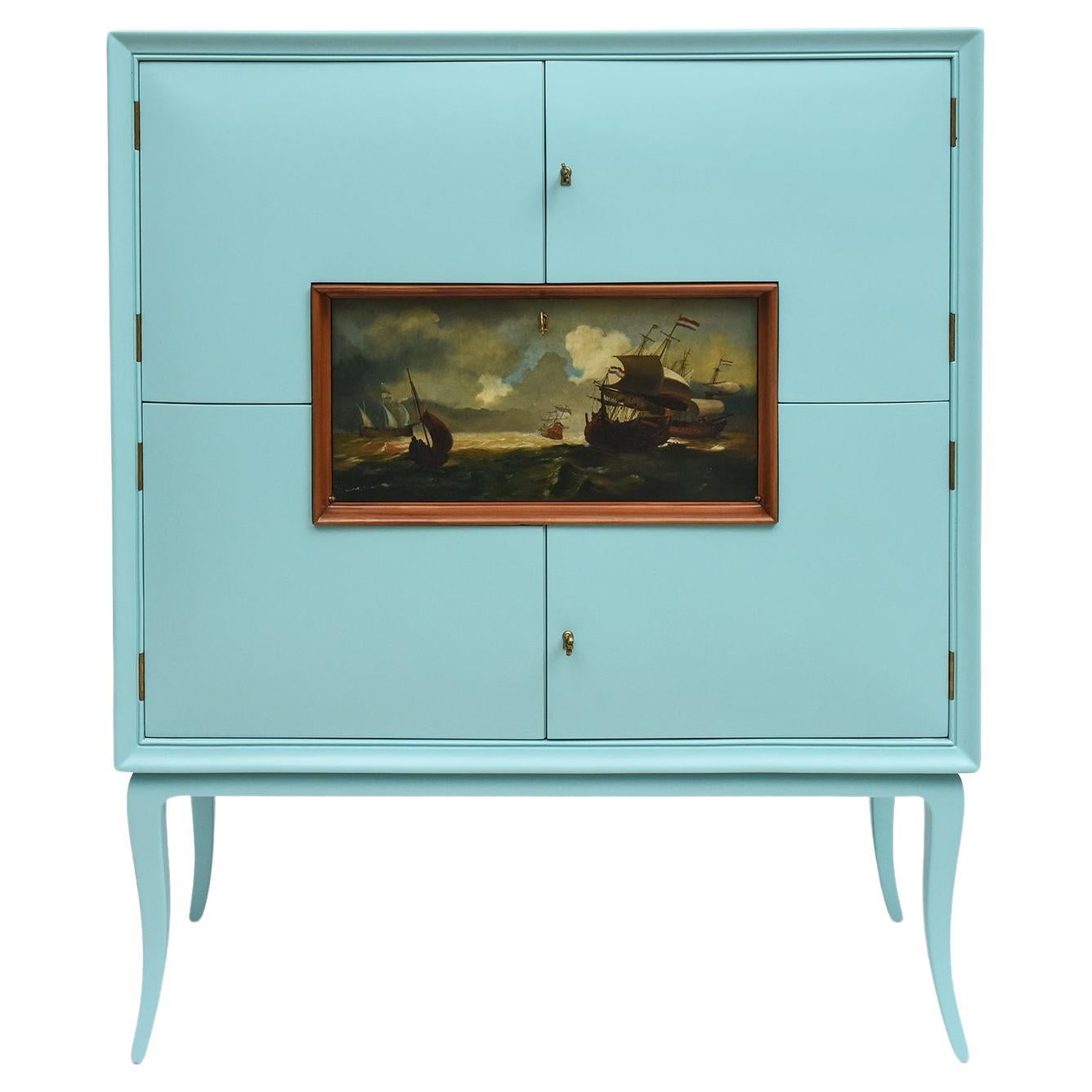 1950s Italian Bar Cabinet with Dutch Maritime Oil Painting For Sale