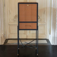 1950's Italian Bar Cabinet Wood Woven Leather Forged Iron and Brass Details