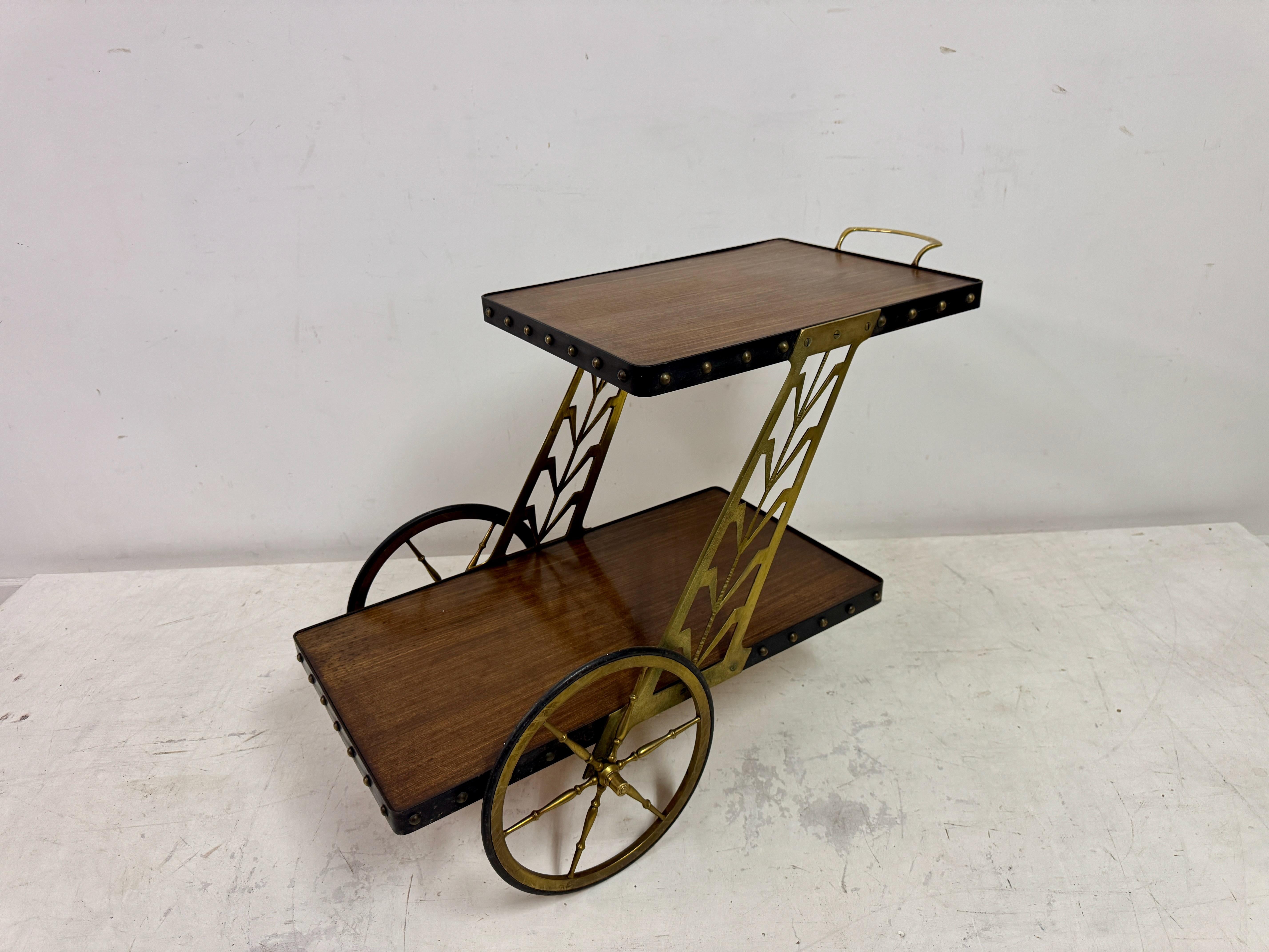 Mid-Century Modern 1950s Italian Bar Cart with Sculptural Detailing For Sale