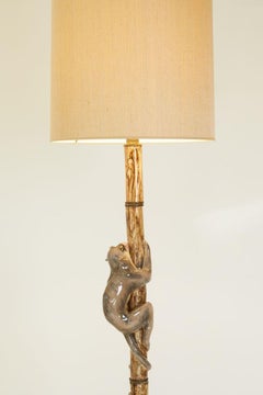 1950s Italian Barbotine Majolica Monkey and Bamboo Floor Lamp & Custom Lampshade