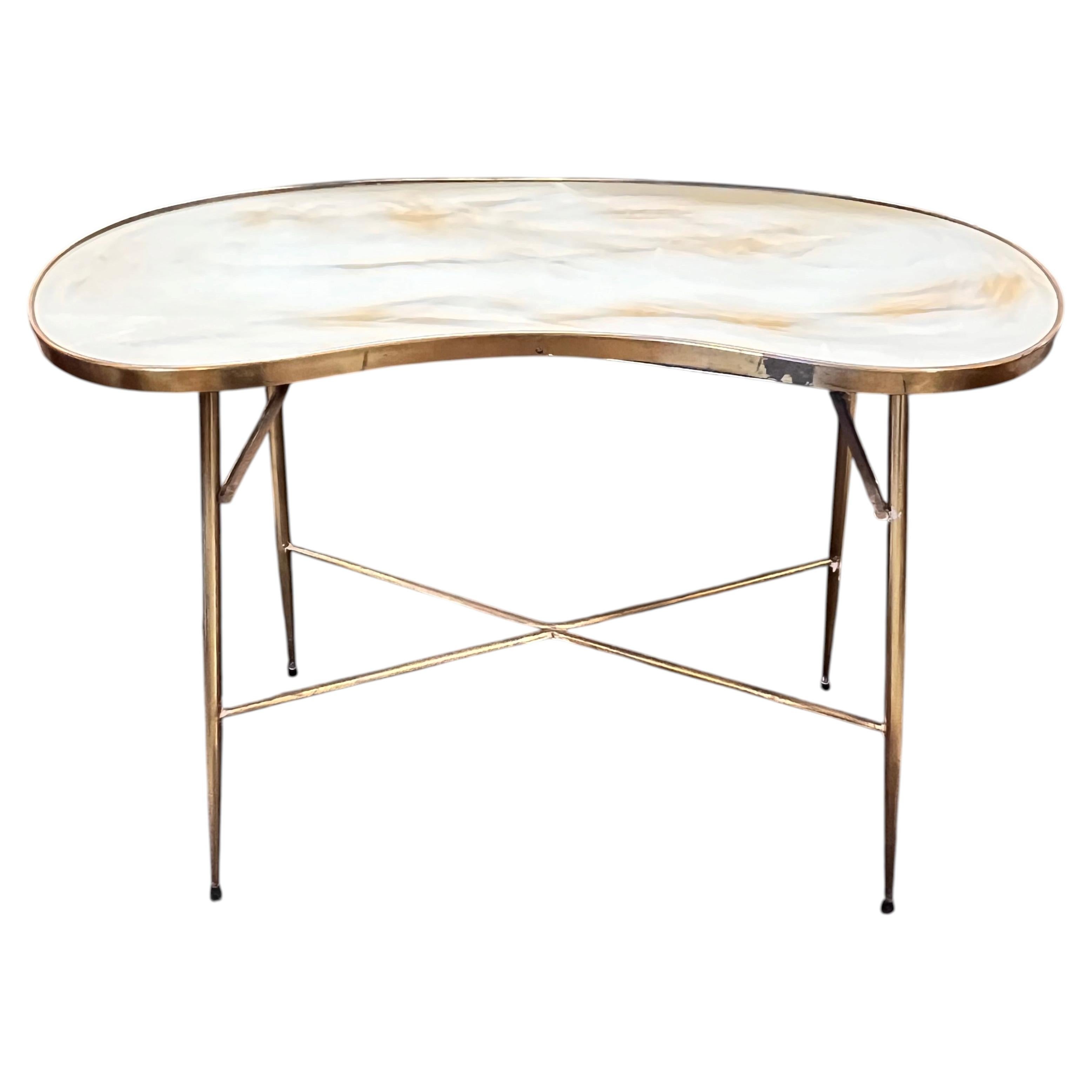 1950’s Italian Bean Shape Brass Table with Art Glass Top For Sale