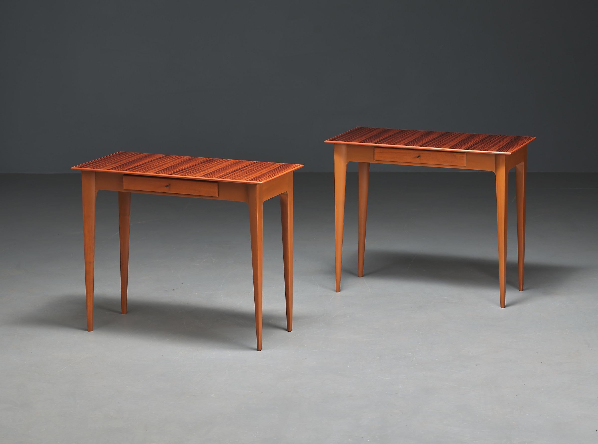 Mid-Century Modern 1950s Italian Bedside Tables - Exquisite Woodwork and Airy Design For Sale
