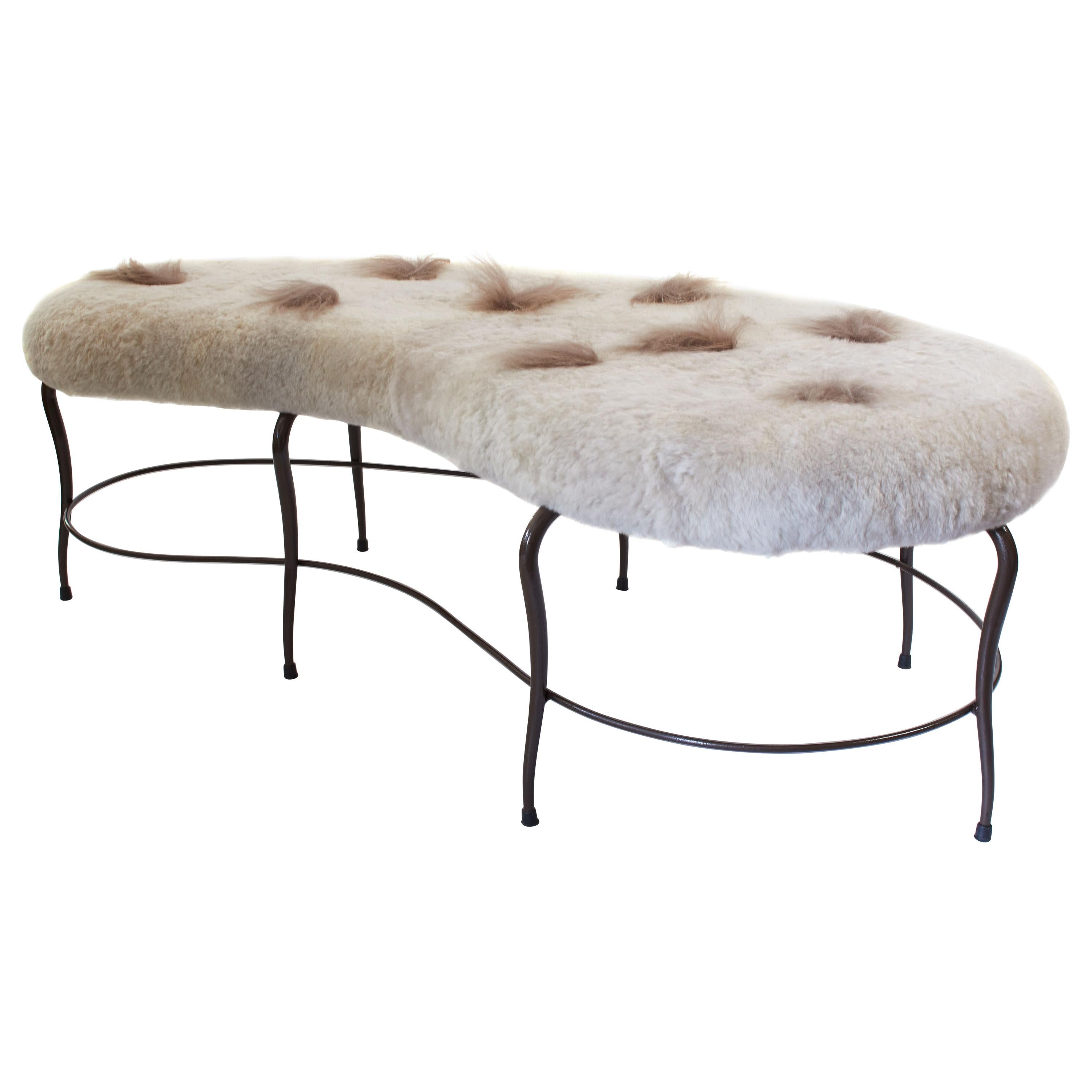 1950s Italian Bench in Kidney Shape Restored in Taupe Lamb Skin and Bronze Metal