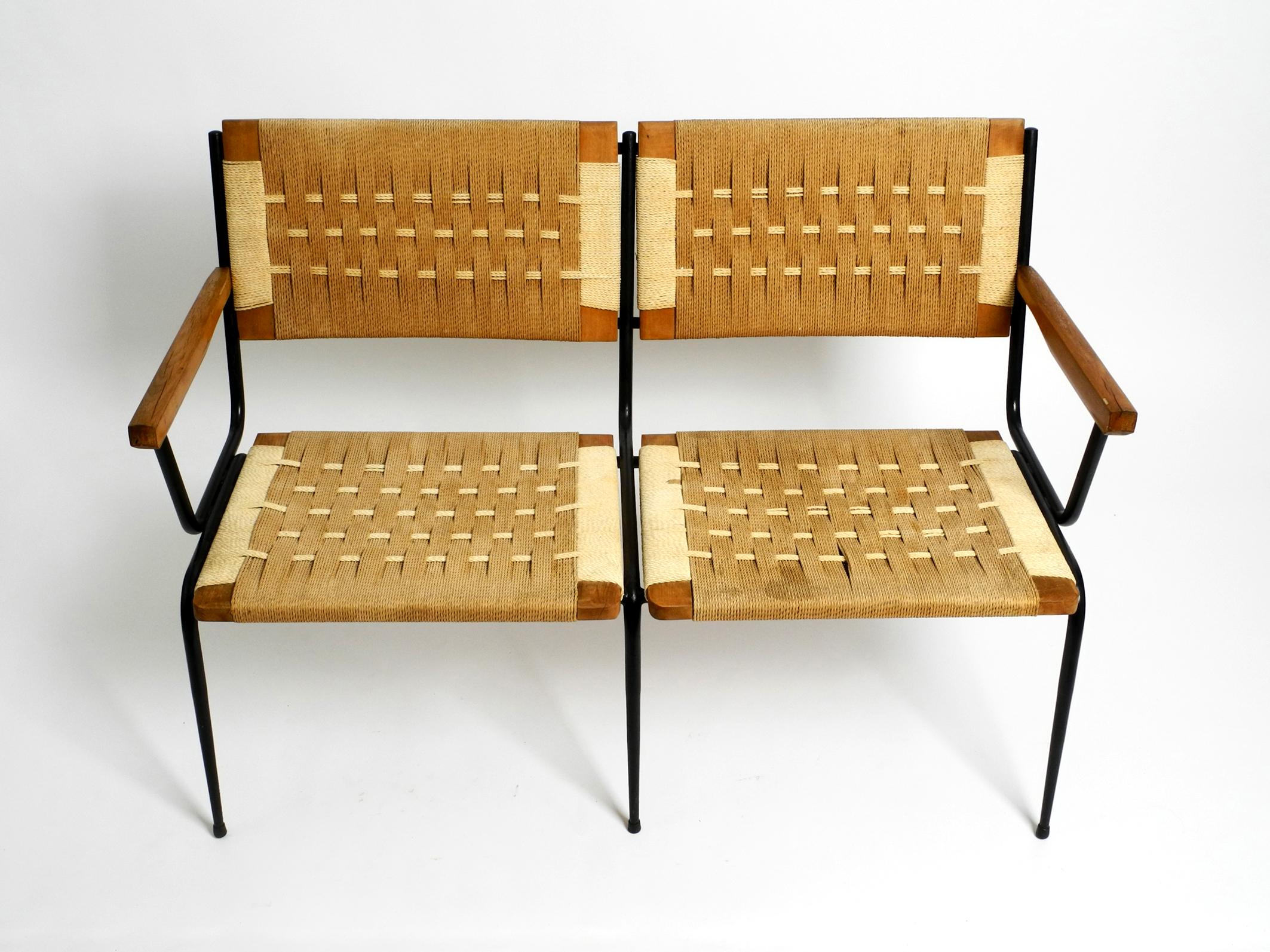 Mid-Century Modern 1950s Italian bench made of iron frame and rush wickerwork by Giuseppe Pagano For Sale