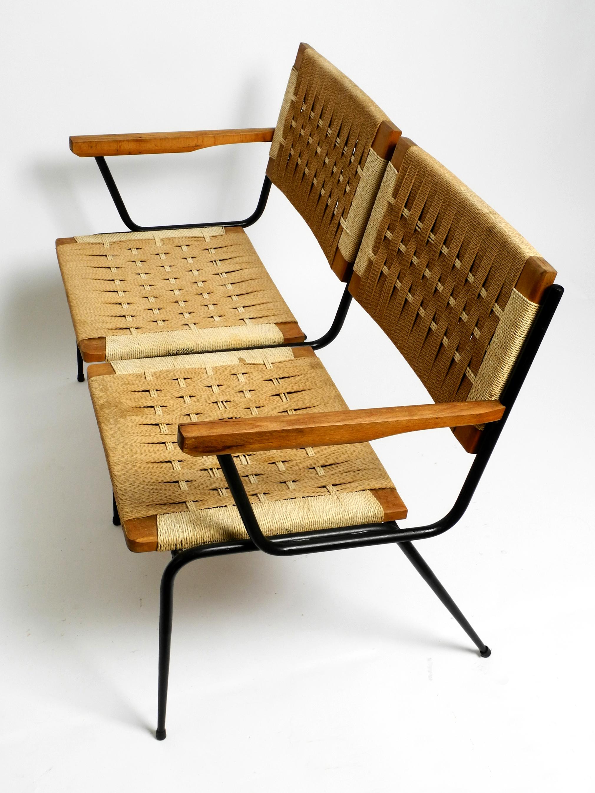 Wicker 1950s Italian bench made of iron frame and rush wickerwork by Giuseppe Pagano