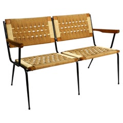 Vintage 1950s Italian bench made of iron frame and rush wickerwork by Giuseppe Pagano