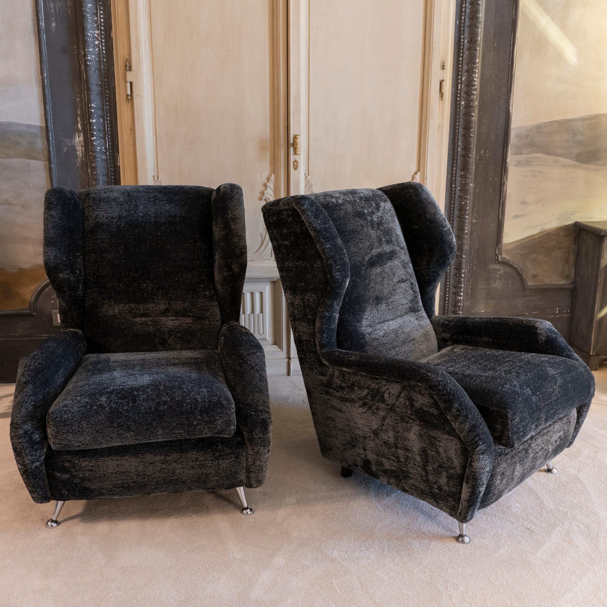 1950's Italian Bergere Gun Metal Grey Chenille, Wood and Chrome Details For Sale 9