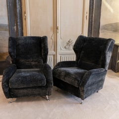 1950's Italian Bergere Gun Metal Grey Chenille, Wood and Chrome Details