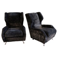 1950's Italian Bergere Gun Metal Grey Chenille, Wood and Chrome Details