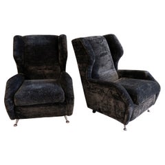 1950's Italian Bergere Gun Metal Grey Chenille, Wood and Chrome Details