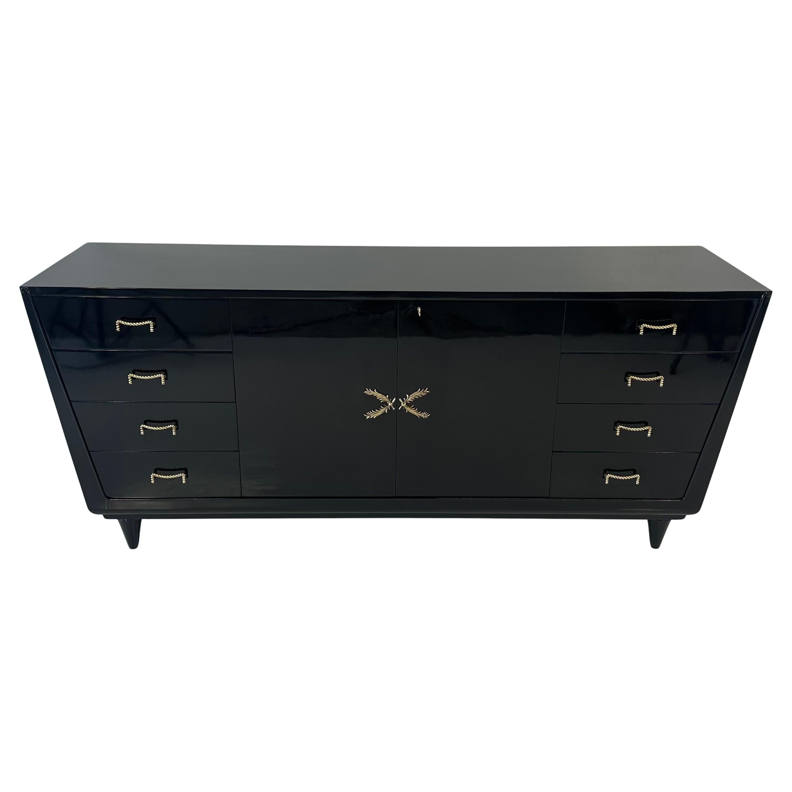 1950s Italian Black Lacquered Sideboard in Art Deco Style with Brass Details