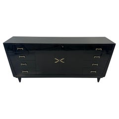 1950s Italian Black Lacquered Sideboard in Art Deco Style with Brass Details