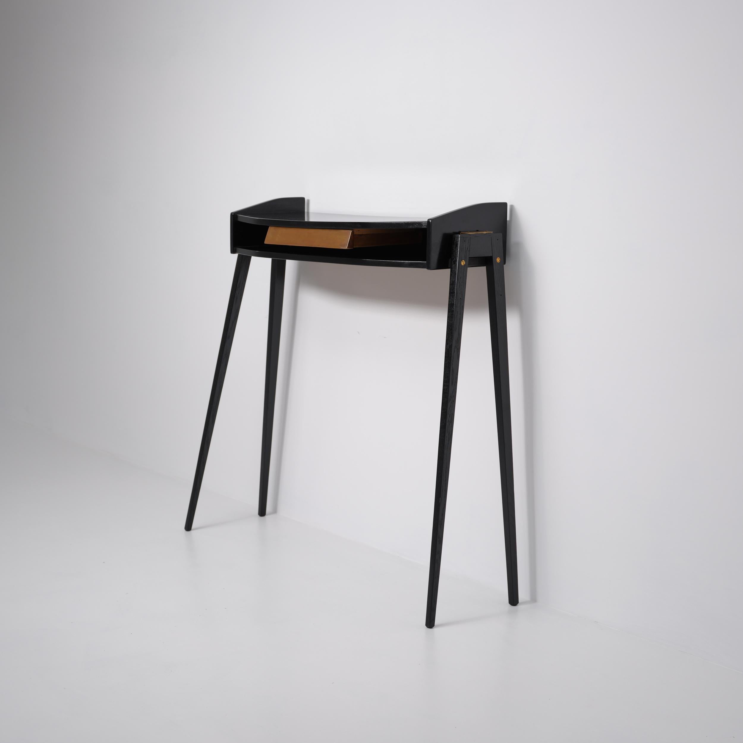 Mid-20th Century 1950s Italian Black Lacquered Wood Console with Brass Drawer Front For Sale