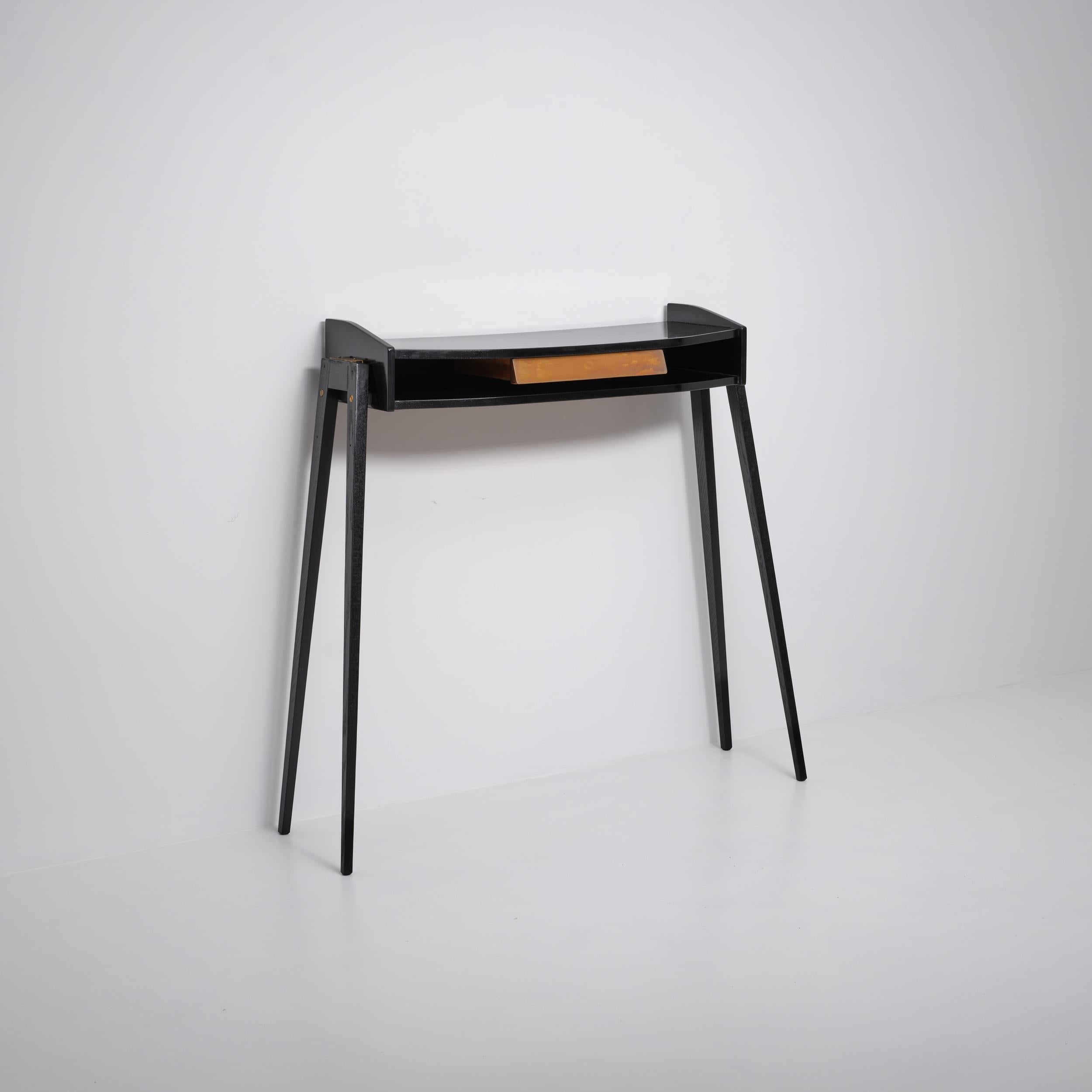 1950s Italian Black Lacquered Wood Console with Brass Drawer Front For Sale 1