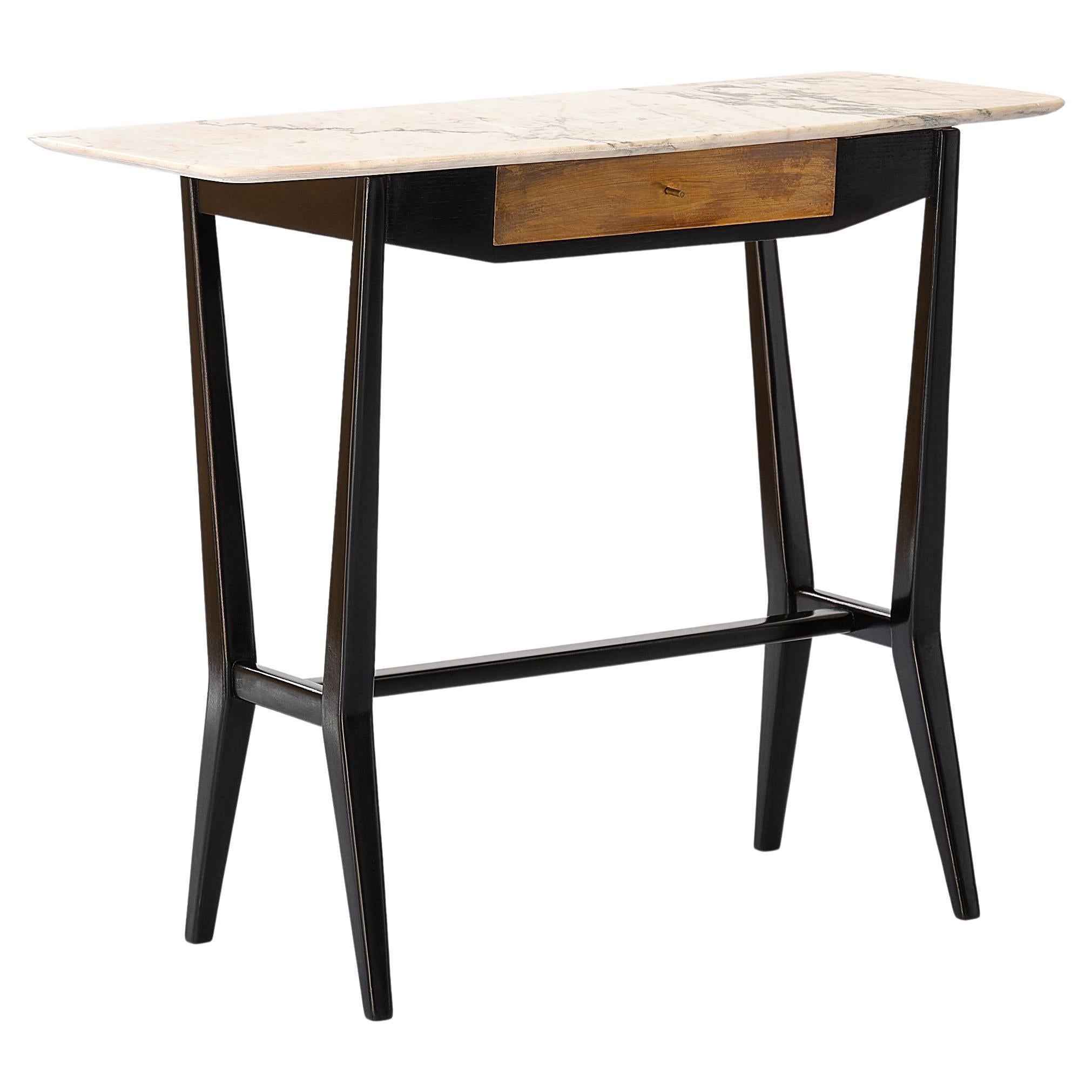 Modern Brutalist Console Table Black and White Marble, Travertine Stone