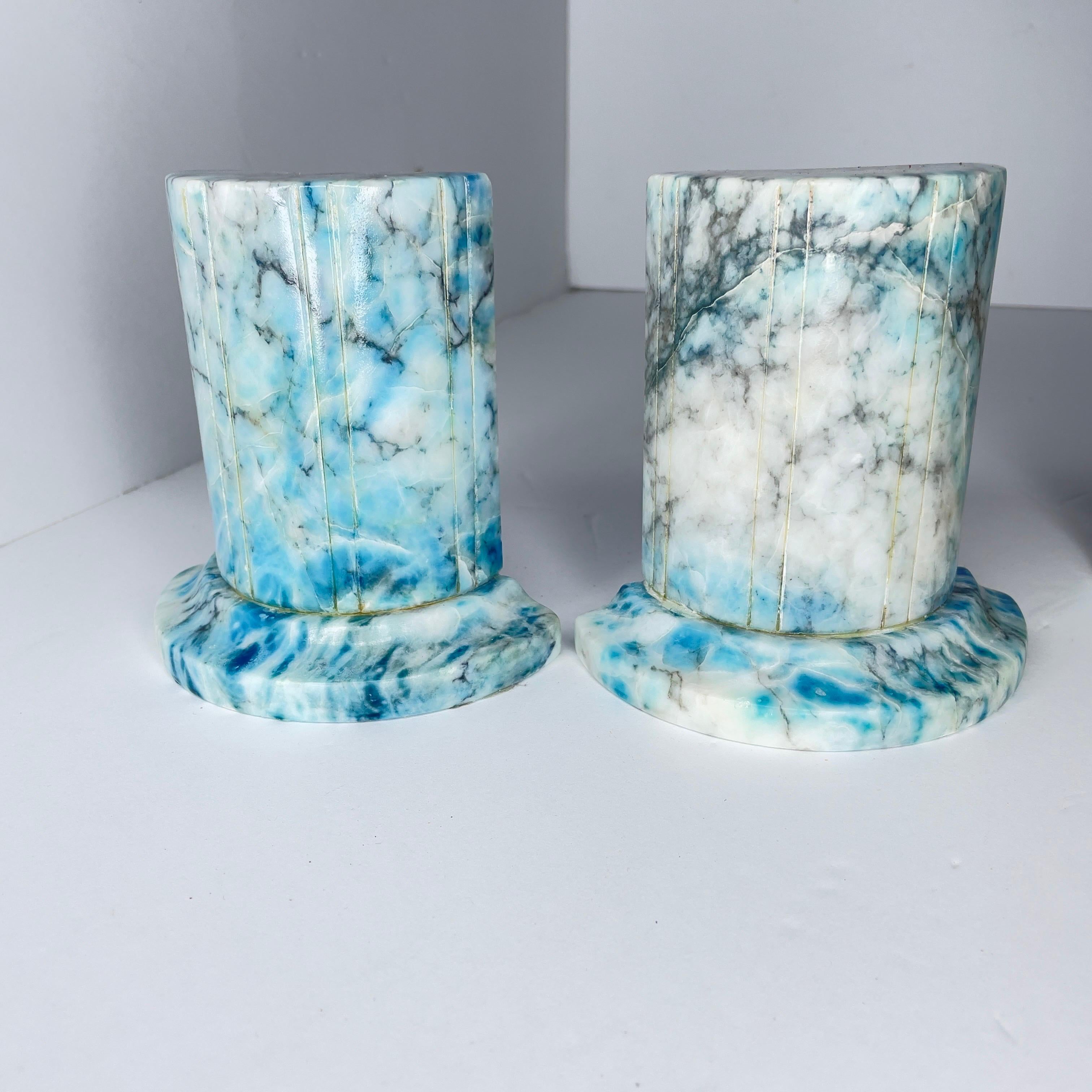Hand-Carved 1950s Italian Blue Alabaster Marble Column Bookends- a Pair