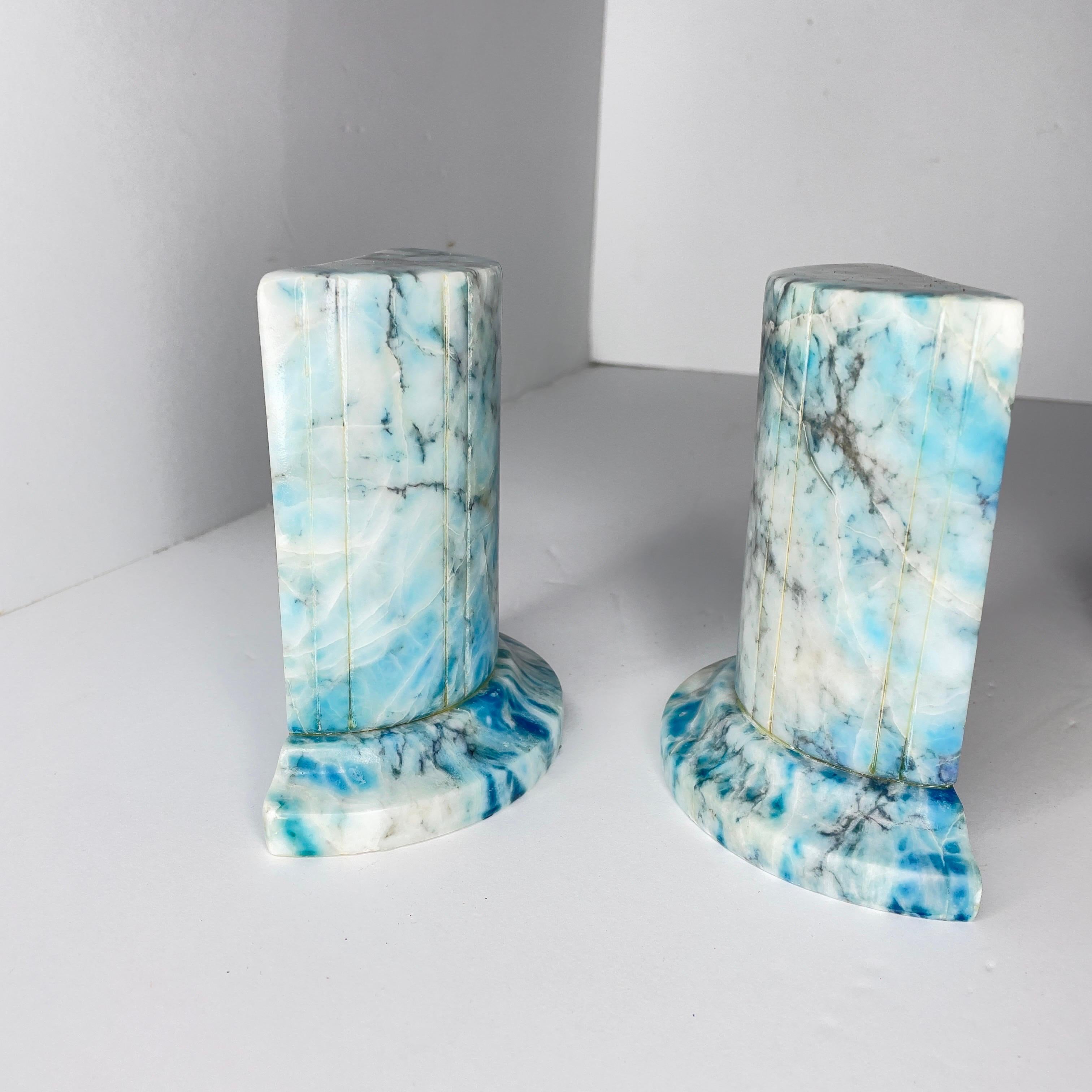 1950s Italian Blue Alabaster Marble Column Bookends- a Pair In Good Condition In Cordova, SC