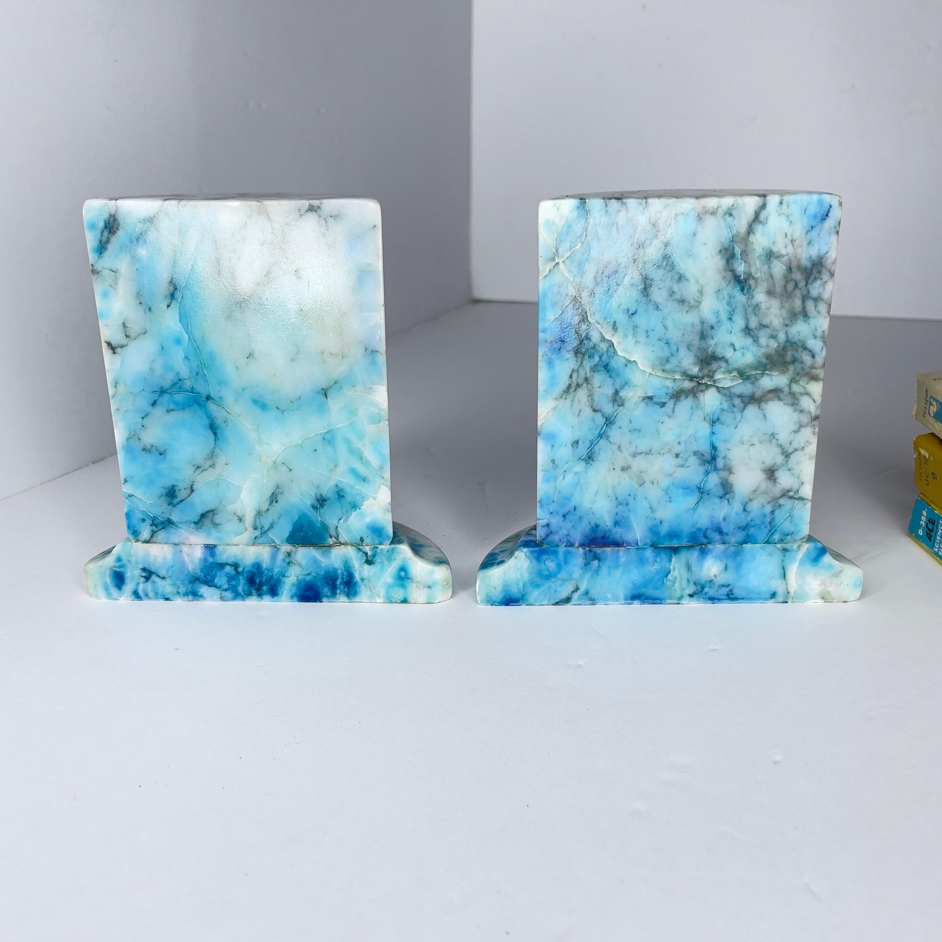 Mid-20th Century 1950s Italian Blue Alabaster Marble Column Bookends- a Pair