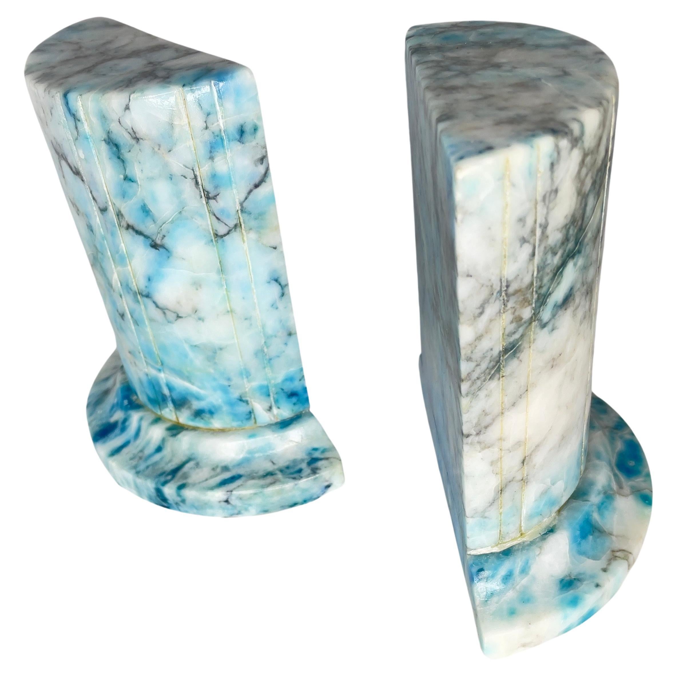 1950s Italian Blue Alabaster Marble Column Bookends- a Pair