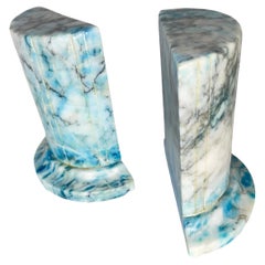 1950s Italian Blue Alabaster Marble Column Bookends- a Pair