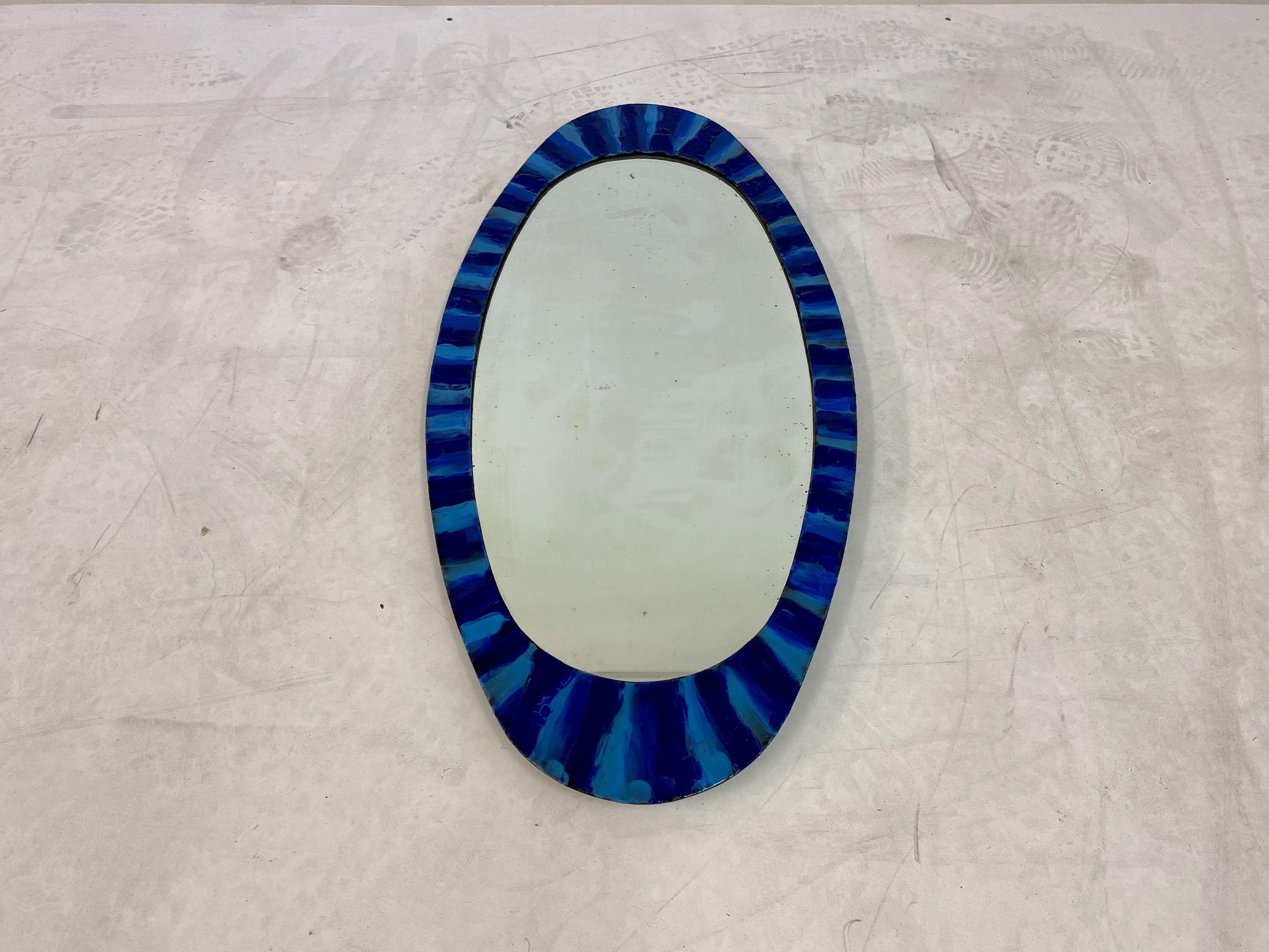 20th Century 1950s Italian Blue Enameled Copper Mirror by Siva Poggibonsi For Sale