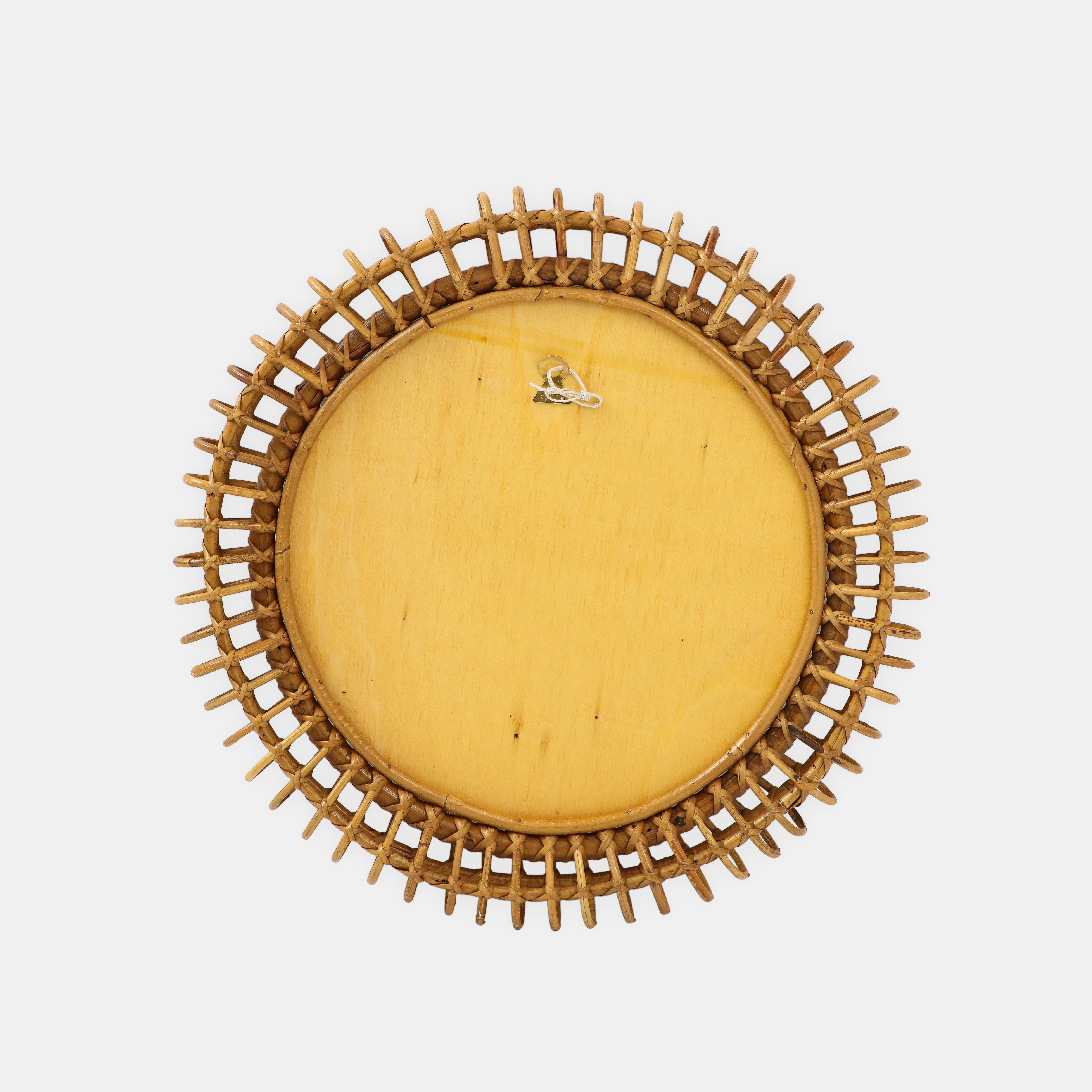 1950s Italian Bonacina Round Bamboo and Rattan Wall Mirror For Sale 2