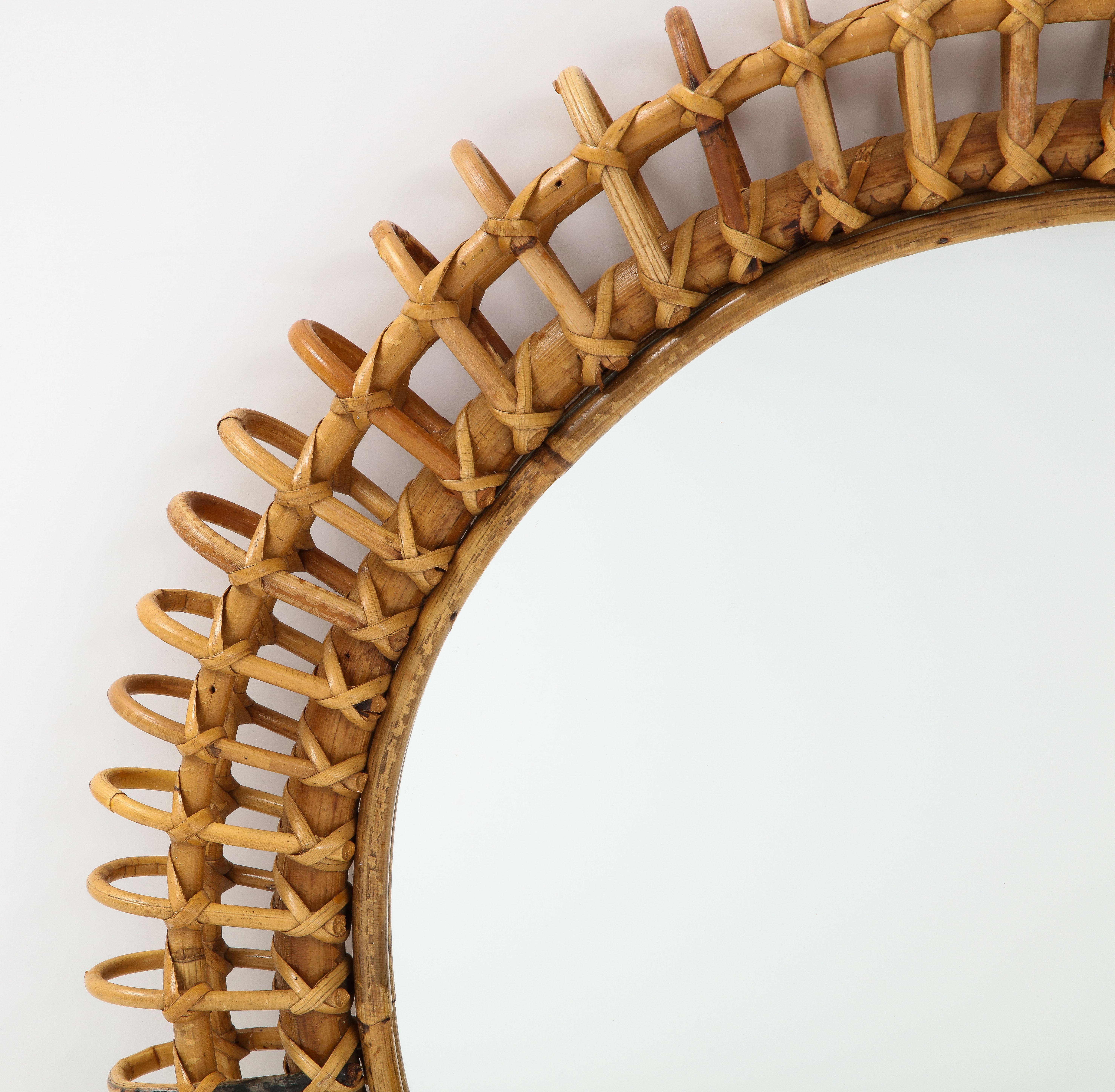 Mid-20th Century 1950s Italian Bonacina Round Bamboo and Rattan Wall Mirror For Sale