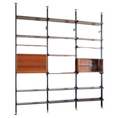 1950s Italian Bookcase with Wood, Brass and Metal finsh with Adjustable Shelves