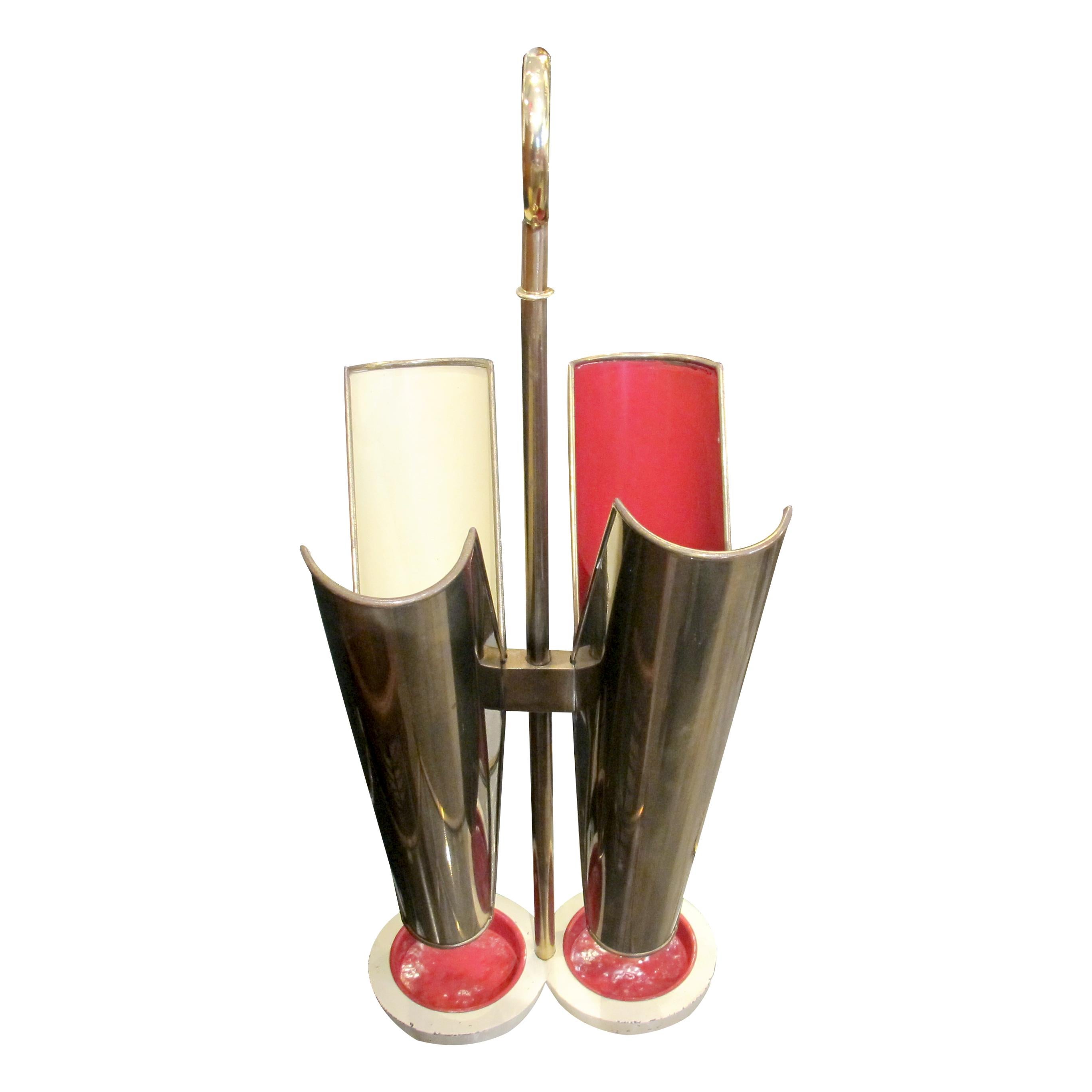 Mid-Century Modern 1950s Italian Brass and Metal Umbrella Stand with Cast Iron Base For Sale