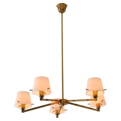 1950s Italian Brass and Opaline Glass Chandelier