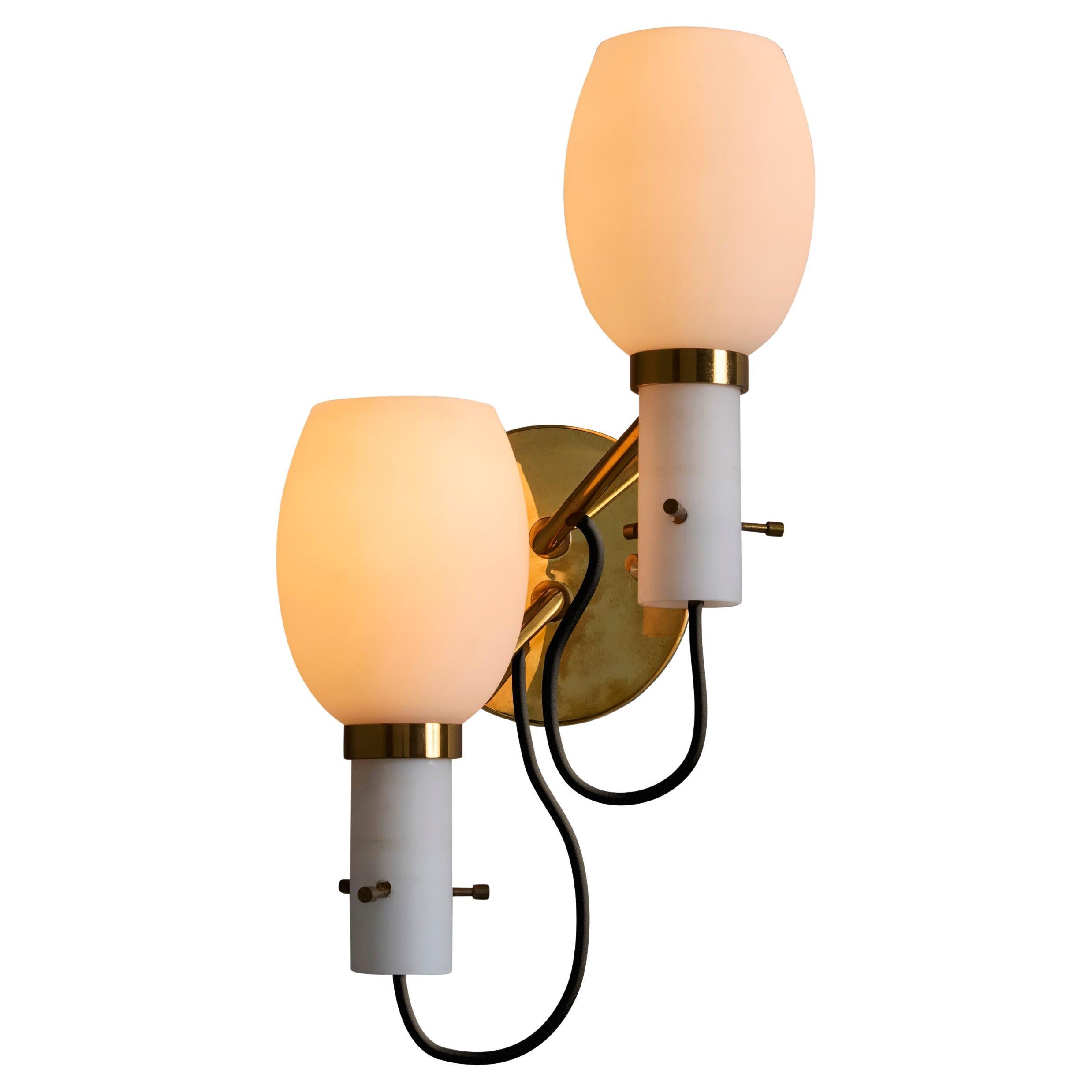 1950s Italian Brass and Opaline Glass Double Sconce in the Manner of Stilnovo