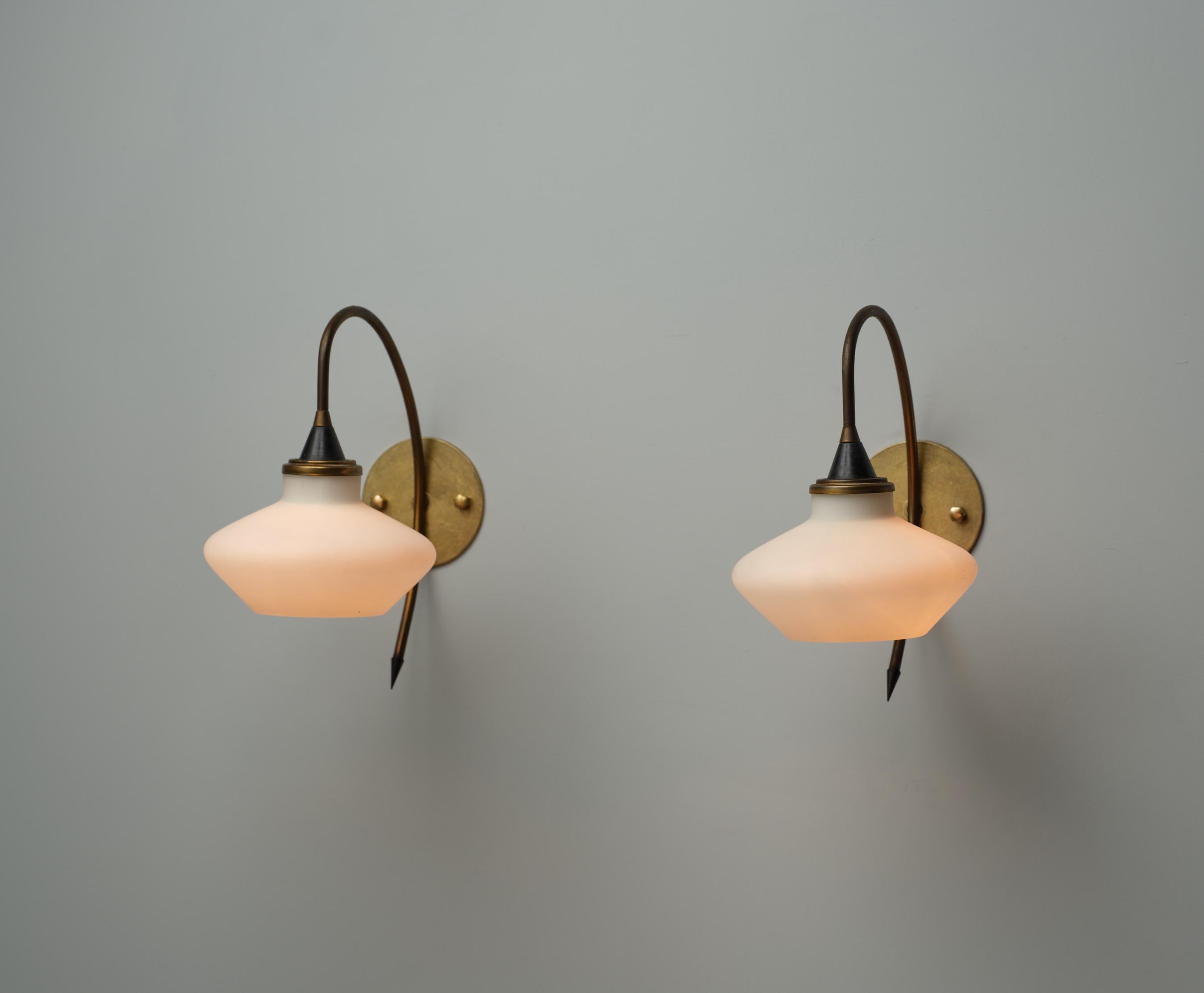 Mid-Century Modern 1950s Italian Brass and Opaline Glass Wall Sconces