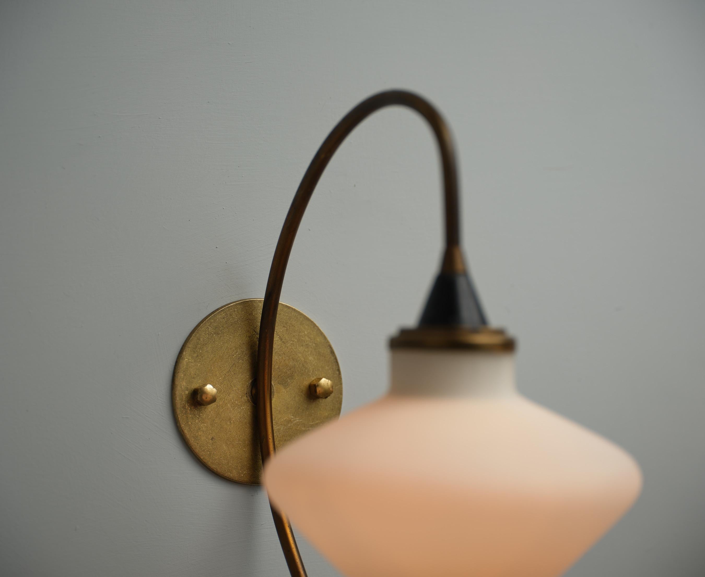 Mid-20th Century 1950s Italian Brass and Opaline Glass Wall Sconces