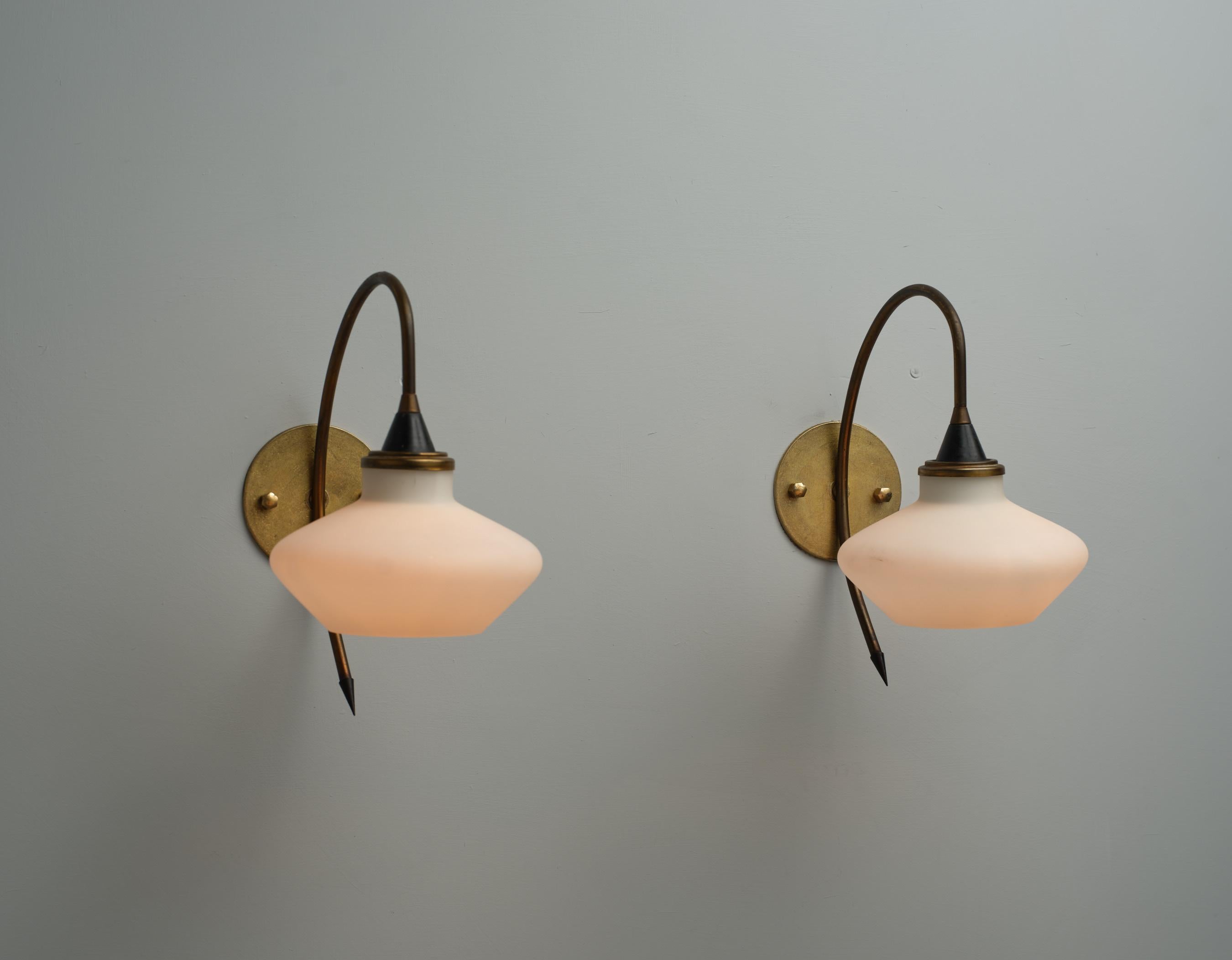 Metal 1950s Italian Brass and Opaline Glass Wall Sconces