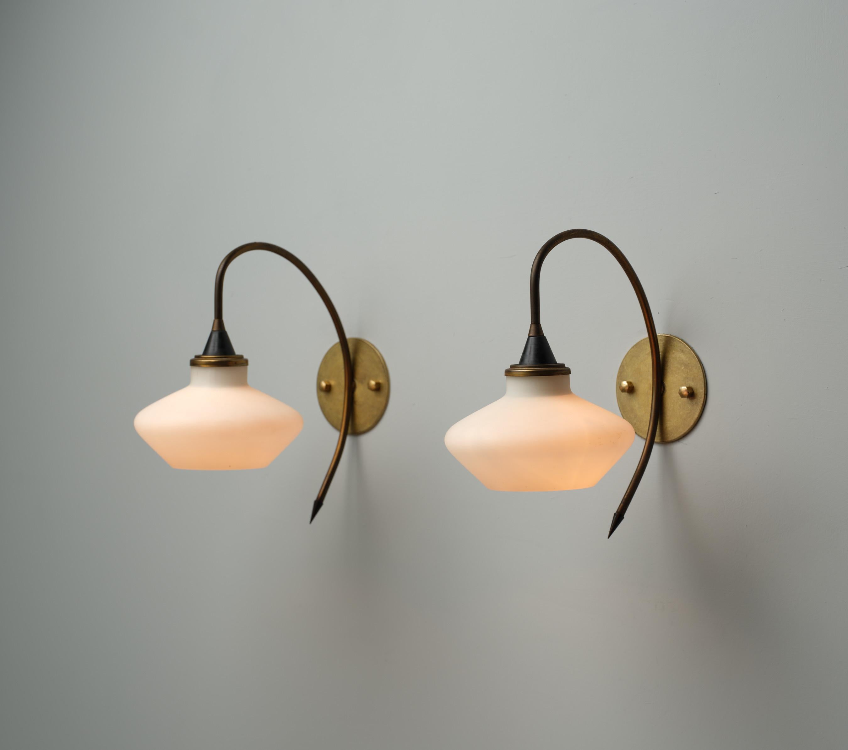 1950s Italian Brass and Opaline Glass Wall Sconces 1