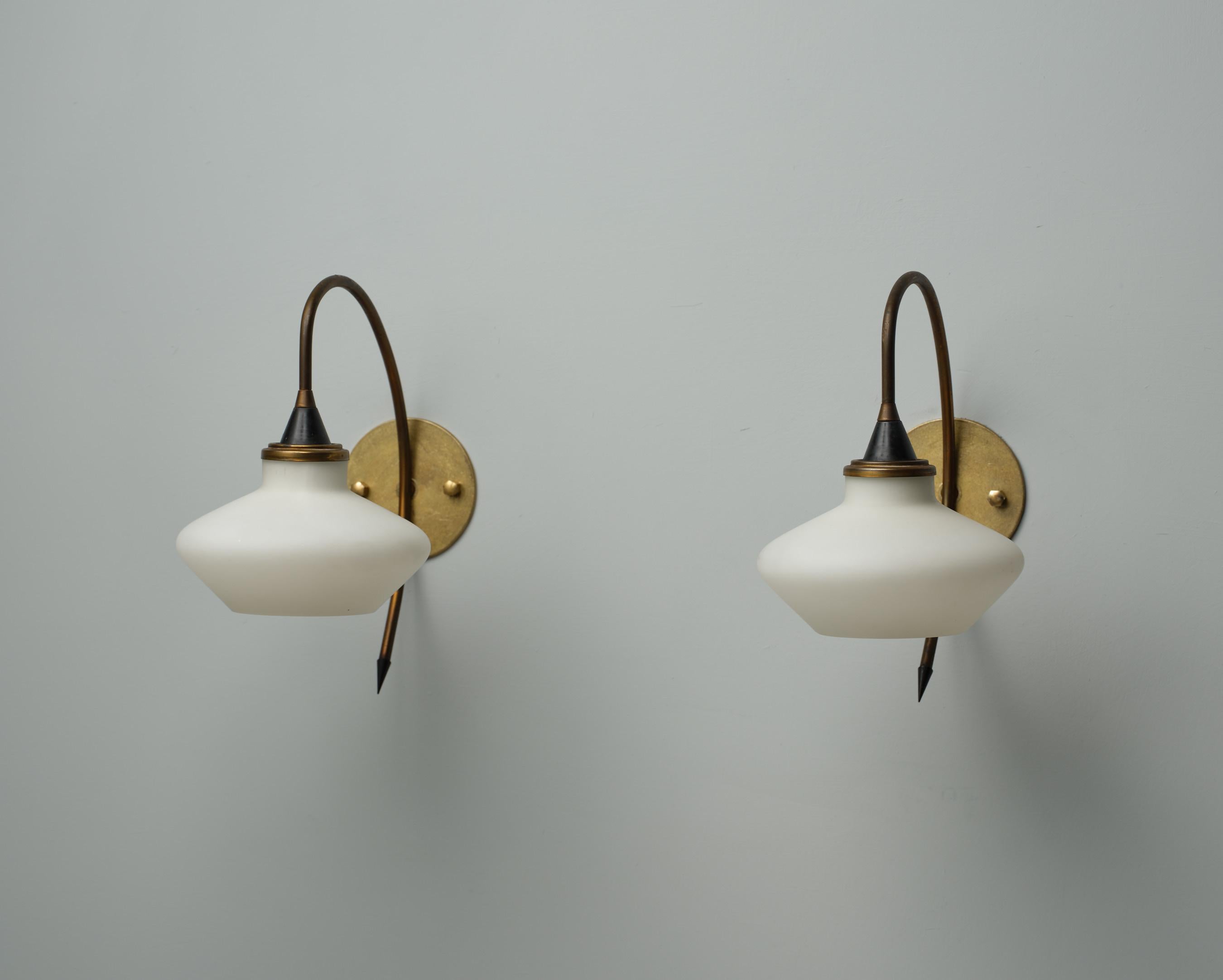 1950s Italian Brass and Opaline Glass Wall Sconces 3