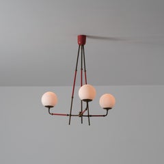 1950s Italian Brass and Red Lacquered Chandelier with Opaline Glass