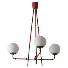 1950s Italian Brass and Red Lacquered Chandelier with Opaline Glass