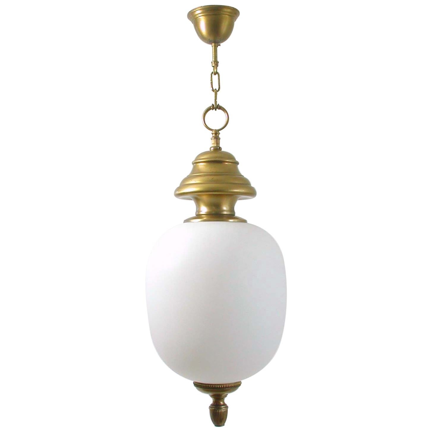 1950s Italian Brass and Satin Opaline Glass Pendant by Azucena