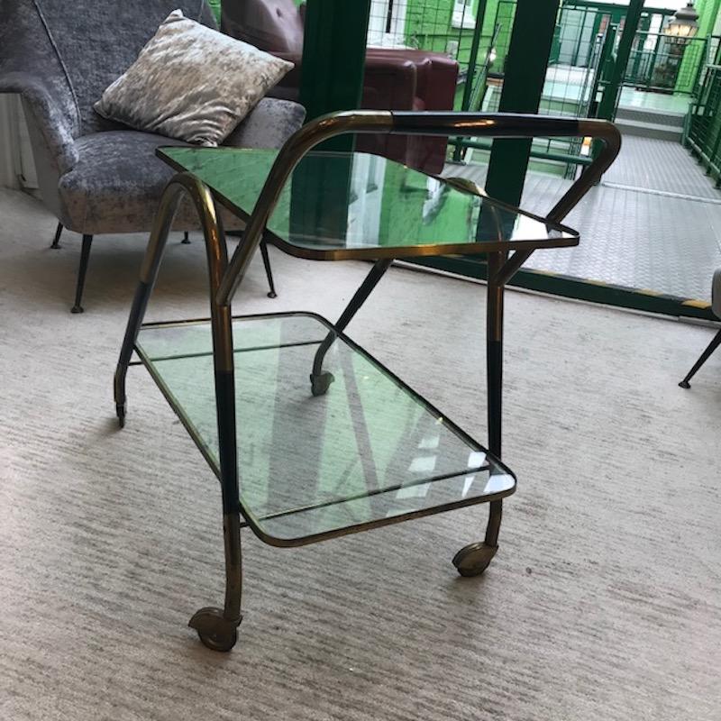1950s Italian Brass and Wood Black Lacquered Trolley In Good Condition For Sale In London, GB