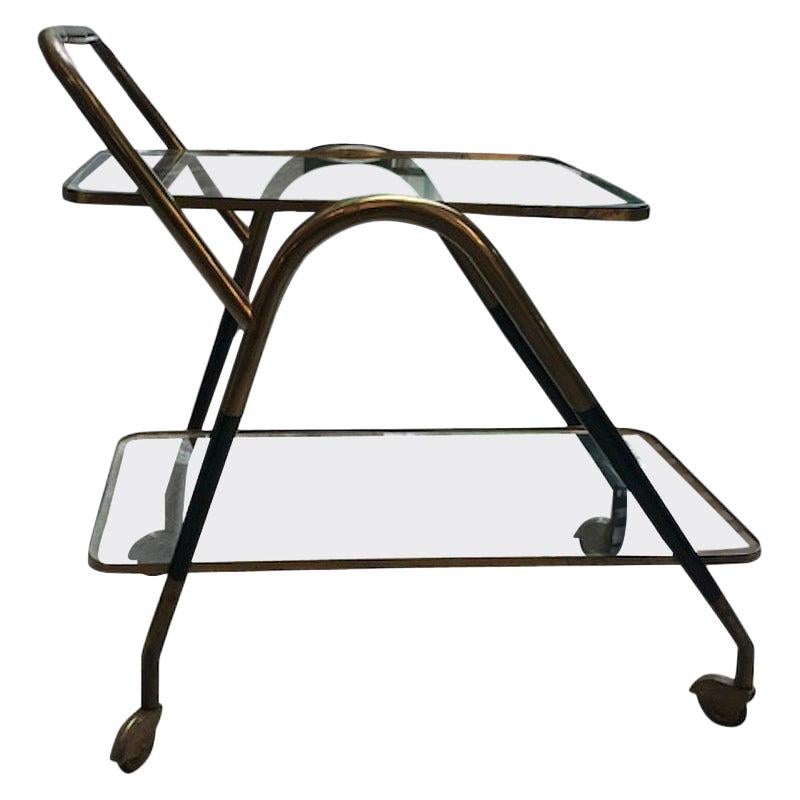 1950s Italian Brass and Wood Black Lacquered Trolley For Sale