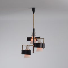 1950s Italian Brass & Black-Lacquered Chandelier with Opaline Glass Shades