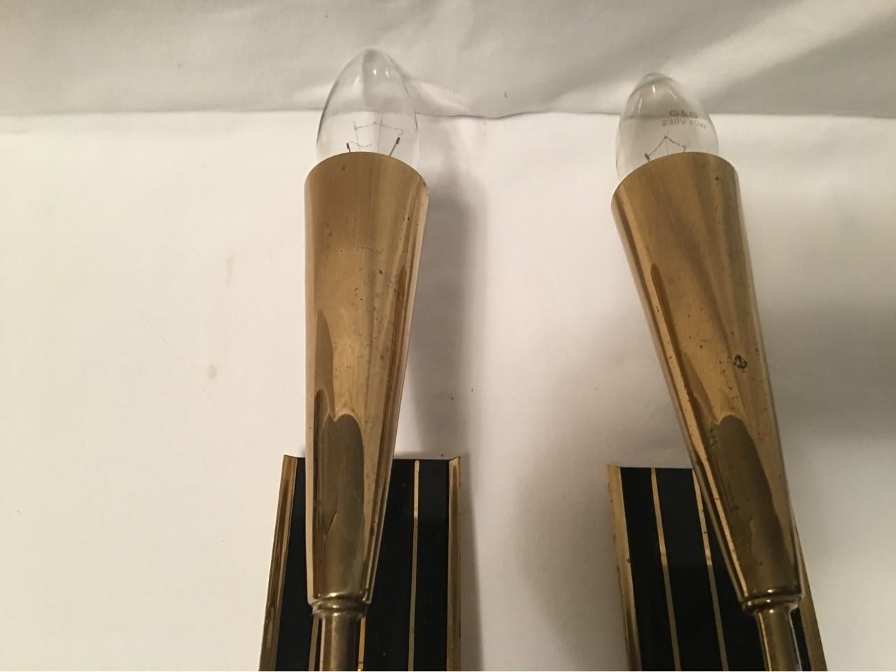 1950s Italian Brass Black Striped Sconces Very Art Deco Styling In Good Condition For Sale In Frisco, TX
