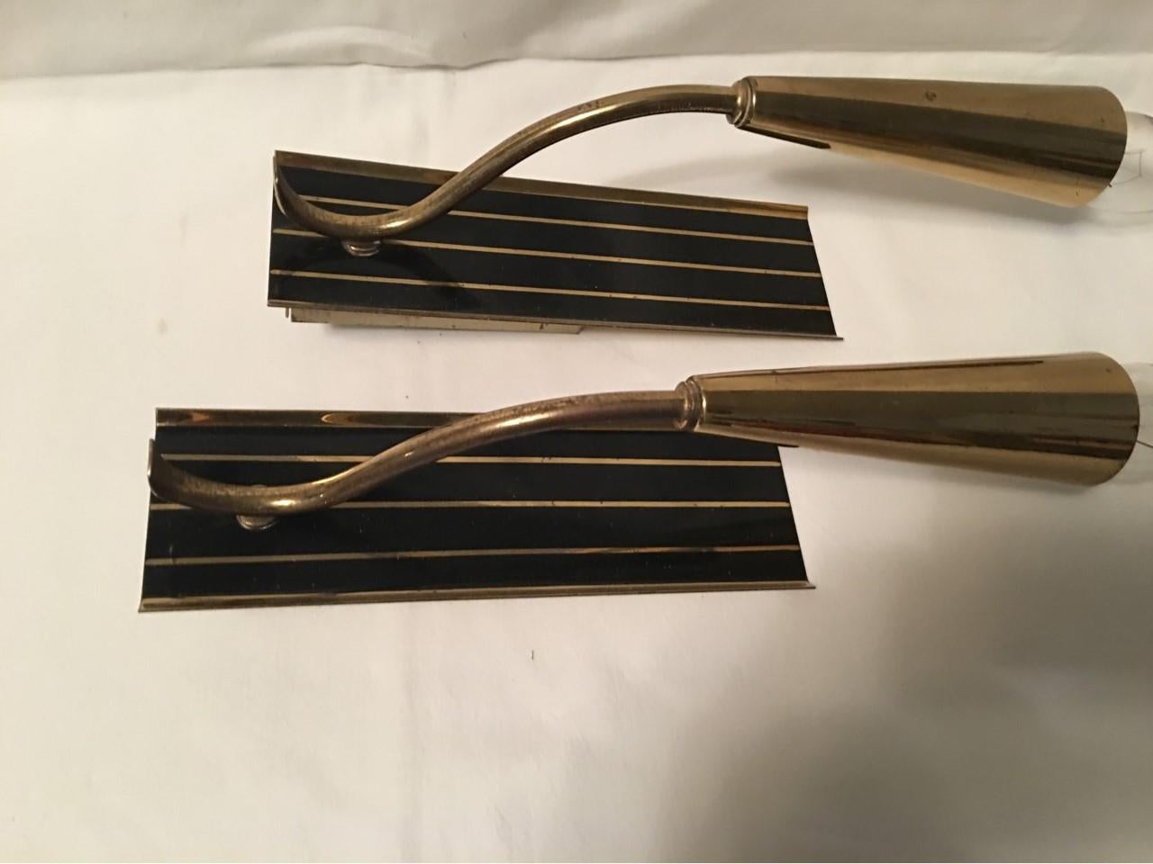 Copper 1950s Italian Brass Black Striped Sconces Very Art Deco Styling For Sale