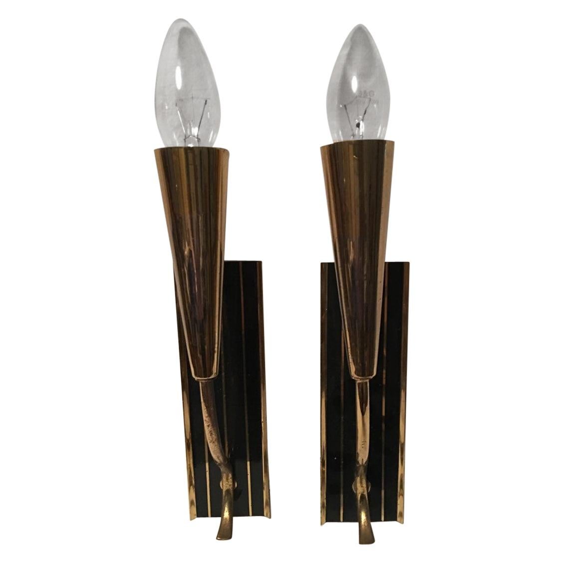 1950s Italian Brass Black Striped Sconces Very Art Deco Styling For Sale