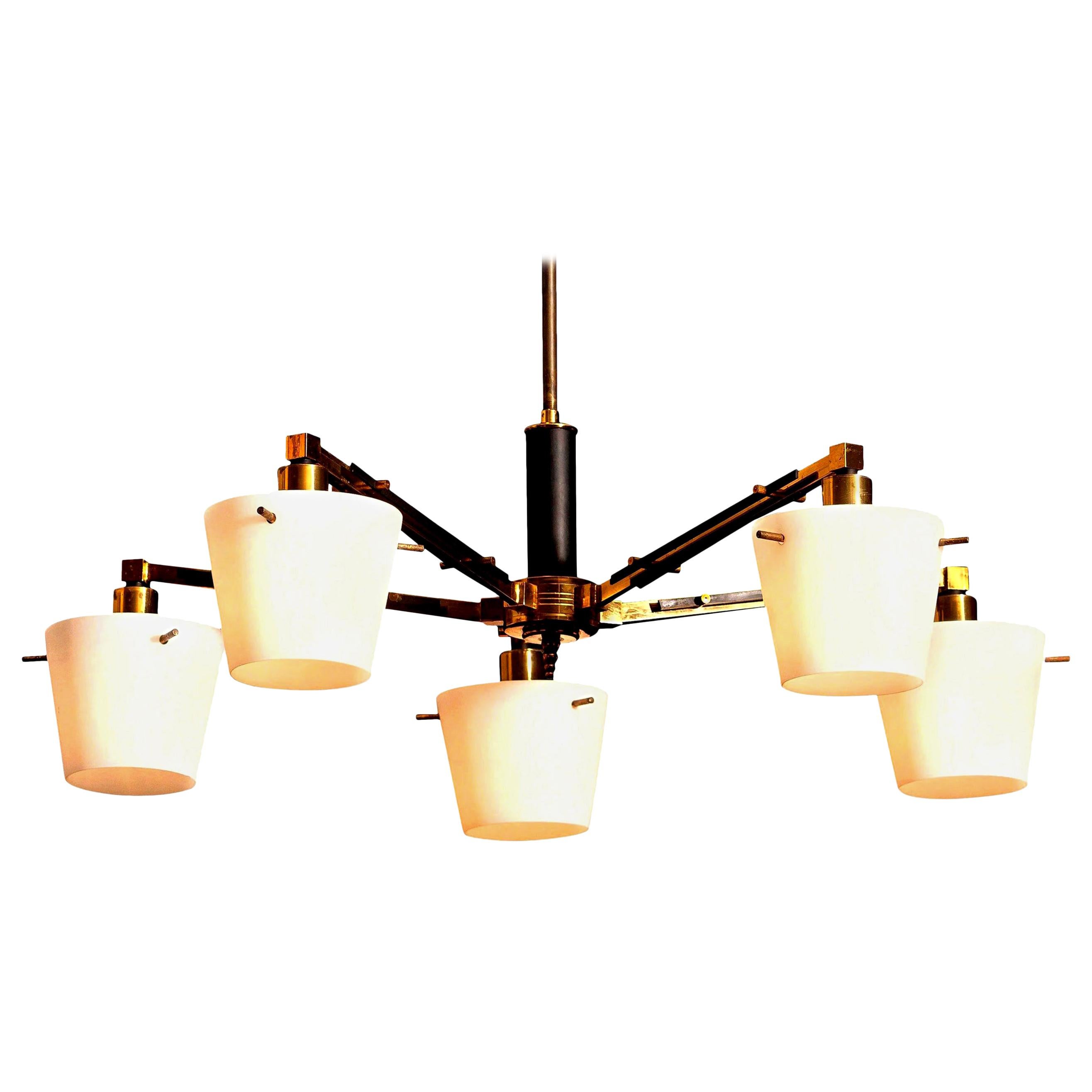 Mid-20th Century 1950s, Italian Brass Chandelier / Pendant with Frosted with Glass Shades