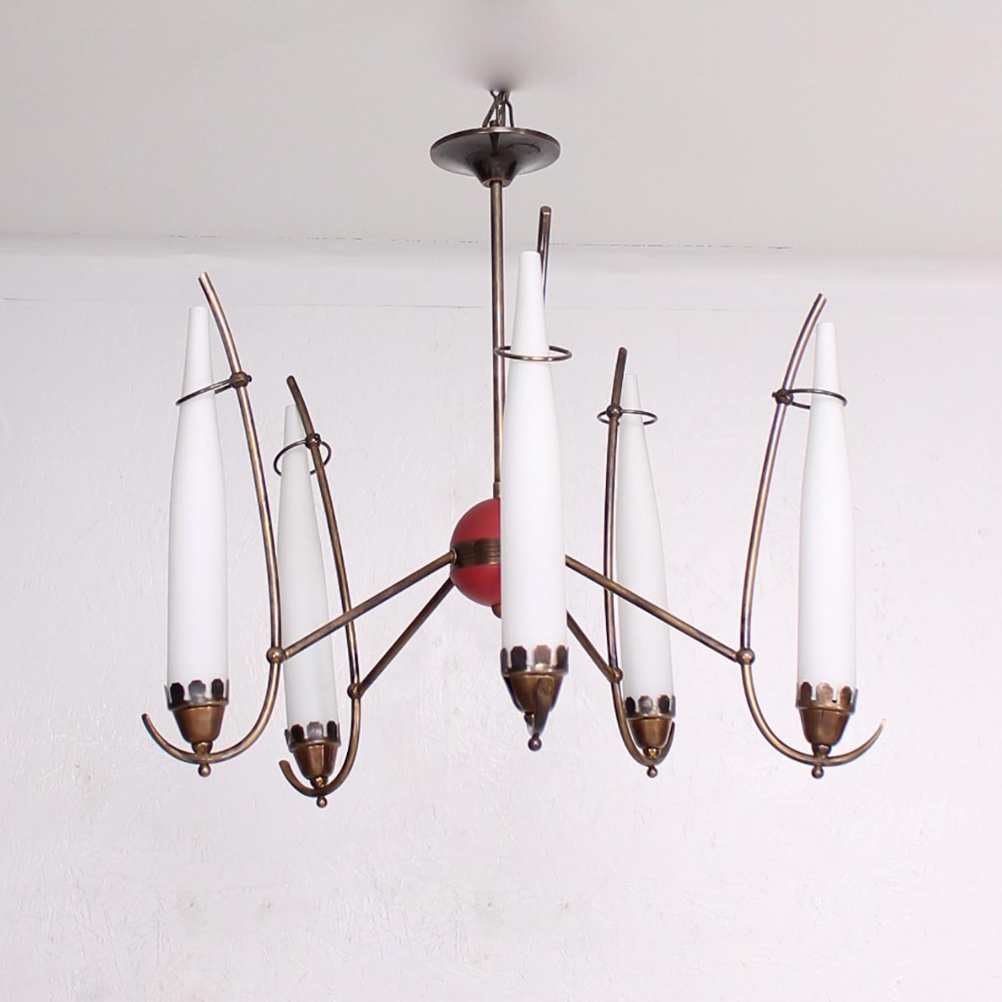 Chandelier
1950s Italian Brass Chandelier constructed with sculptural aluminum arms aluminum hardware painted red.
There are five handmade tapered opaline case glass shades in white satin. 
Unmarked, attributed to STILNOVO Italy
It requires five E14