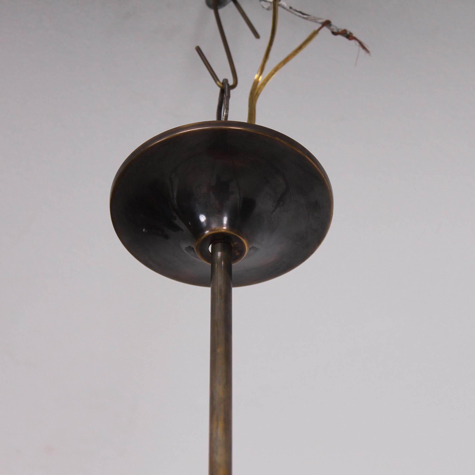 1950s Stilnovo Red Ball Brass Chandelier Five Arm White Satin Glass Shades ITALY In Good Condition In Chula Vista, CA